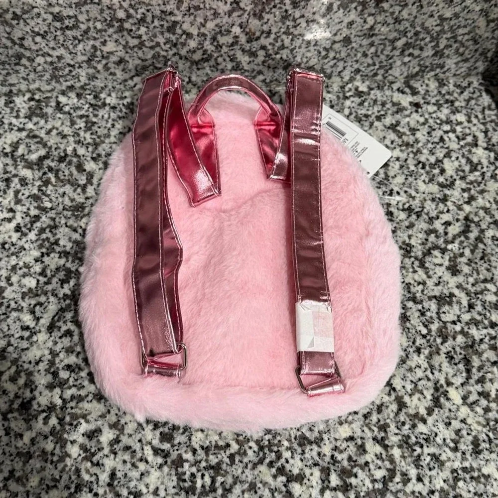 Disney Minnie Mouse Pink Fuzzy Faux Fur Sequin Bow Mini Backpack NWT